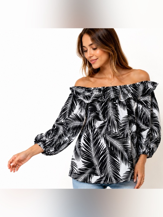 Remi James Tops - Remi James NYC Tropical Palm Print Off Shoulder Linen Blend Blouse Size L